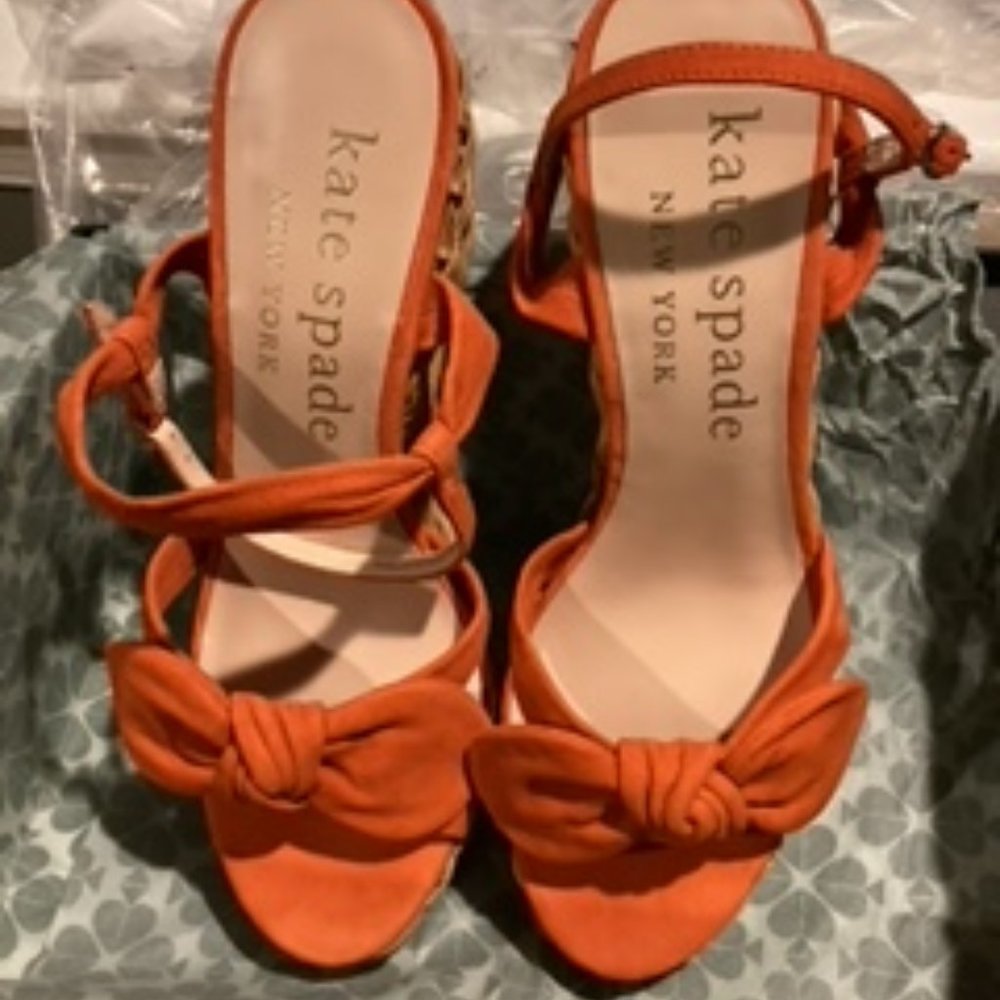 Kate Spade orange wedge sandals with woven vamp